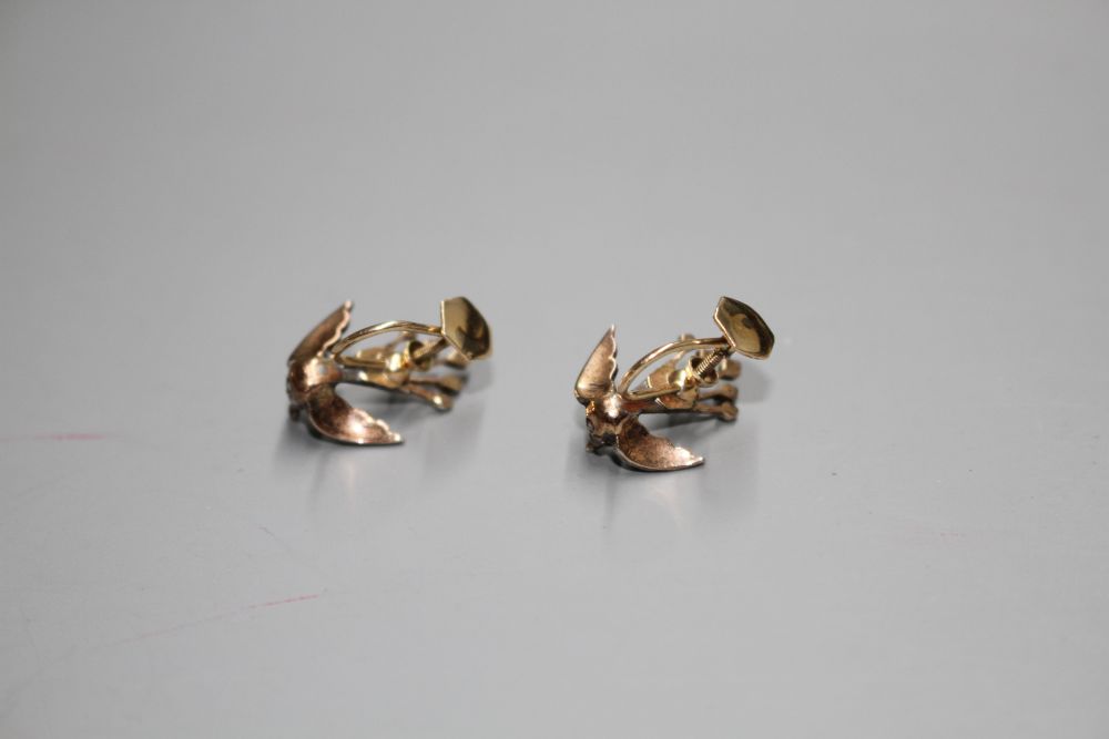 A pair of Victorian yellow metal and rose cut diamond set swallow ear clips (adapted), 19mm.